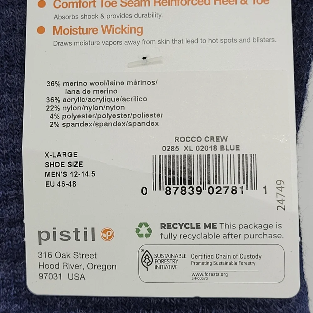 Pistil Socks Rocco Wool Blend Blue Hiking Outdoor Moisture Wicking Size XL NEW